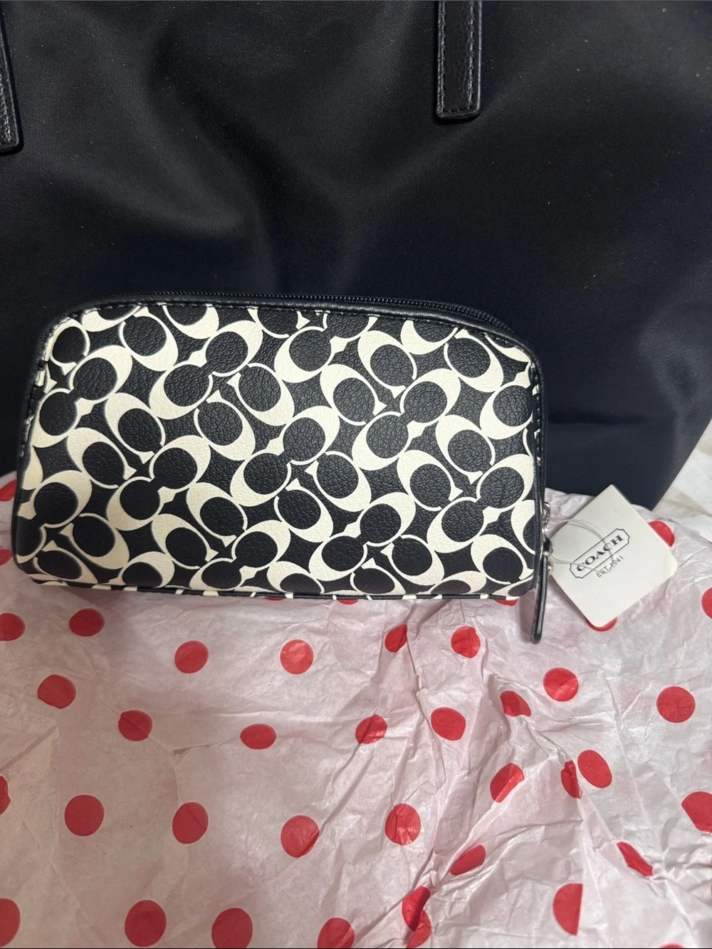 Coach Black & White Signature Stripe Cosmetic Pouch